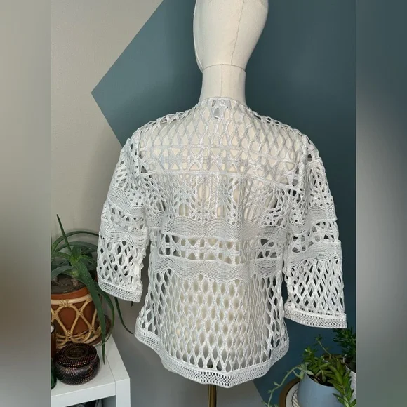 Chico’s Travelers White Open Knit Cardigan Sheer Crochet 3/4 Sleeve Jacket 4/6P - Picture 5 of 11